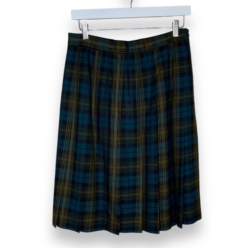 Vintage LL Bean Wool Blend Tartan Plaid Pleated Skirt Women Size 12 Blue Black